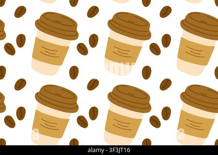 Coffee background. Takeaway coffee cup and coffee beans in seamless pattern. Warm cozy repeat design. Vector illustration Stock Vector