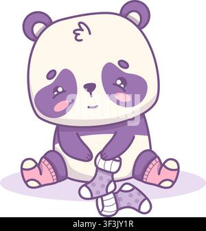 Cute Little Panda Character Sitting in Knitted Socks Holding Handcrafted Sock. Funny Kawaii Cartoon Bear. Vector Illustration for Kids Apparel Stock Vector