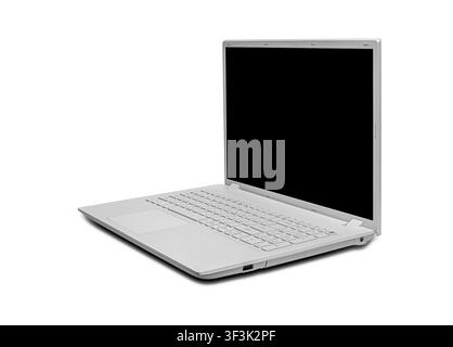 A modern laptop with a blank black screen sits on a clean white background. Stock Photo