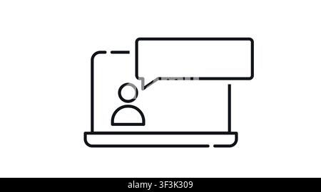 Laptop with user profile and speech bubble on screen vector icon. Black line art style. Online chat, customer support, and video call concept. Stock Vector