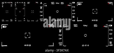 Smartphone, DSLR camera rec overlay pack in hand drawn doodle style isolated on black bg. 16:9 and 21:9 recorder cam display. Video or photo recording Stock Vector