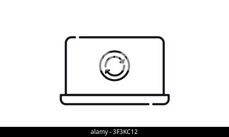 Laptop with refresh arrows circle on screen vector icon. Black line art style. Computer update, system reboot, and data synchronization concept. Stock Vector