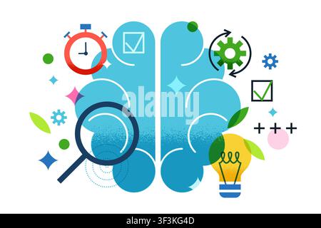 Abstract geometric vector illustration of human brain with gears, magnifying glass, clock and light bulb. Concept for business logic, critical thinkin Stock Vector