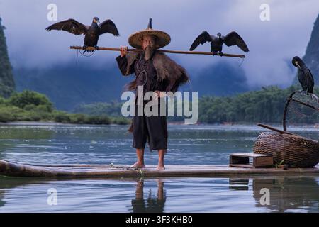 Guilin, Guangxi, China - 18 June 2026: View of a traditional cormorant fisherman on a bamboo raft with his birds near Xingpingzhen, featuring karst mo Stock Photo