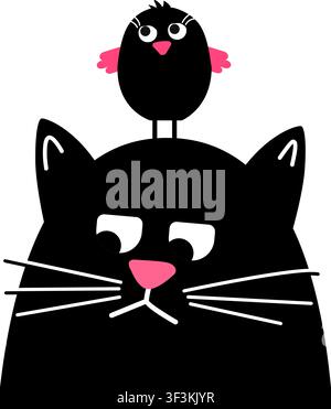 Hi. A cute cat is sitting with an attentive gaze. A black cat or a kitty with a bird on its head. Vector animation illustration in a flat style. Stock Vector