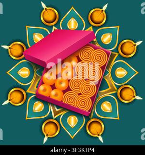 Festive Diwali square illustration featuring an open gift box filled with traditional Indian mithai on a colorful rangoli surrounded by glowing diyas. Stock Vector