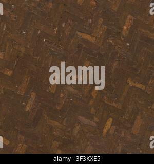 A top-down view of an antique brick floor laid in a classic herringbone pattern, showing signs of wear and age. Stock Photo
