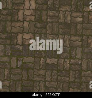 A top-down view of grey interlocking paving bricks with green moss growing in the joints. Stock Photo