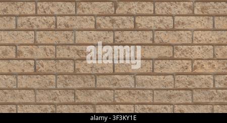 A surface texture featuring tan-colored, rough-hewn concrete blocks arranged in a running bond pattern. Stock Photo