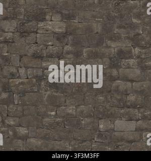A seamless texture of a dark grey stone wall with rough, rectangular blocks and visible mortar joints. Stock Photo