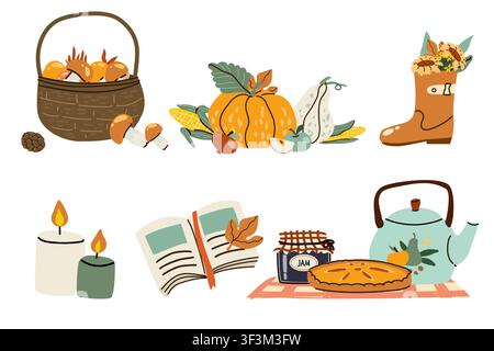 Hand drawn cartoon fall harvest time and cozy autumn compositions set. Vector illustration isolated on white. Mushrooms and pumpkins, boot and flowers Stock Vector