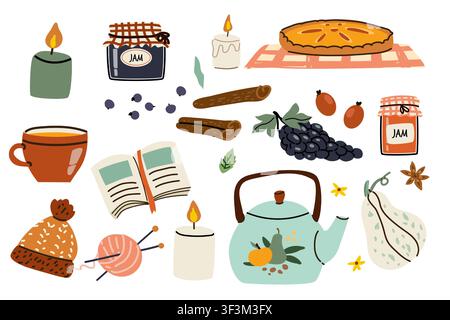 Hand drawn cozy stickers for autumn scrapbooking, fall designs. fall cap and knitting ball, cinamon spice, teapot and tea, book and candles. Stock Vector