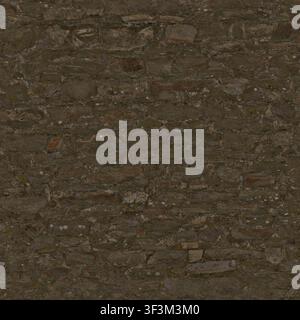 A dark, moody, weathered stone wall texture featuring historical masonry and deep tones. Stock Photo