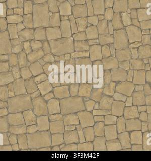 A seamless pattern of a light beige flagstone wall, featuring randomly shaped stones and narrow grout lines. Stock Photo