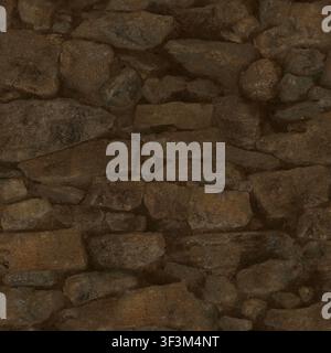 A textured background of a rustic brown stone wall with irregular pieces and earth-colored mortar. Stock Photo