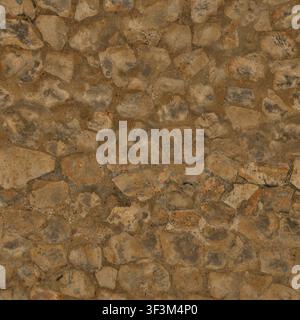 A rustic wall texture featuring stones in earth tones such as brown and tan, set in weathered mortar. Stock Photo