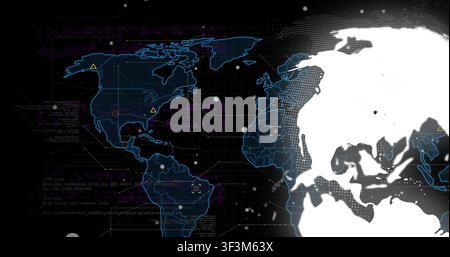 Globe appearing right, rotating left and revealing land while overlays pulsing, visualizing data Stock Photo