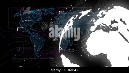 Globe appearing right, rotating left and revealing land while overlays pulsing, visualizing data Stock Photo