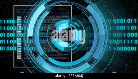 Cyan concentric HUD activating on signal, rings spinning inward, binary scrolling, visualizing data Stock Photo