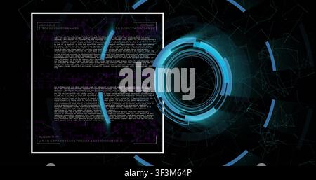 Cyan concentric HUD activating on signal, rings spinning inward, binary scrolling, visualizing data Stock Photo