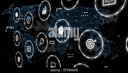 Red lightning sparking glowing data icons emerging over world map, pulsing, forming analytics hub Stock Photo