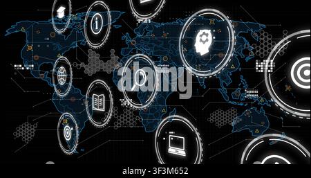 Red lightning sparking glowing data icons emerging over world map, pulsing, forming analytics hub Stock Photo