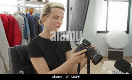 Woman adjusts camera lens and reviews images on computer in studio with wardrobe rack and softbox lighting; focused concentration. Stock Photo