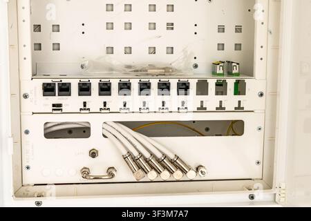 Close-up view of a white network panel featuring multiple RJ45 Ethernet ports and coaxial cable inputs for home connectivity Stock Photo