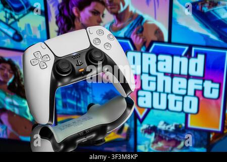 July 24, 2026, Odessa, Ukraine. Sony PS5 controller with Grand Theft Auto text in background. Stock Photo