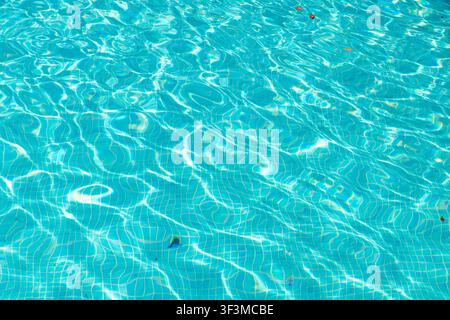 The bright sun creates shimmering light patterns on the surface of a clear blue swimming pool, revealing the tiled floor below Stock Photo