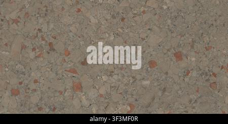 A detailed texture of exposed aggregate concrete containing embedded red brick fragments and stone pebbles. Stock Photo