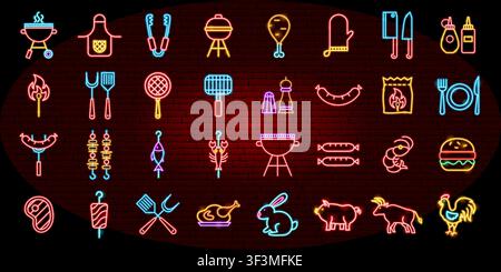 BBQ Barbecue Neon Objects Stock Vector