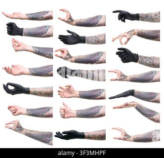 Man showing his tattooed hands, closeup. Set of gestures on white background Stock Photo