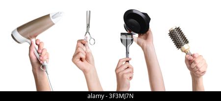 Hairdressers holding different tools in hands on white background, set Stock Photo