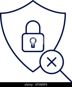 Denied cybersecurity shield icon with padlock and magnifier. Vector illustration, flat design Stock Vector