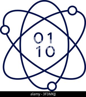 Quantum computing icon with atom and binary code. Vector illustration, flat design Stock Vector