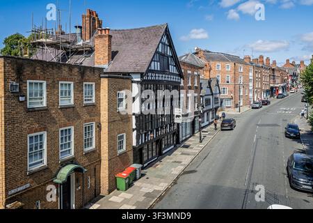 The black and white half timbered Bear & Billet pub in Lower Bridge Street seen from the city walls, Chester, Cheshire, UK on 21 July 2026 Stock Photo