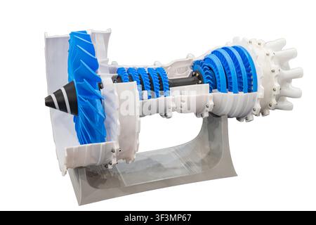 Jet engine model on plain white background, featuring intricate design, detailed components, blue highlights, smooth glossy finish, professional comme Stock Photo