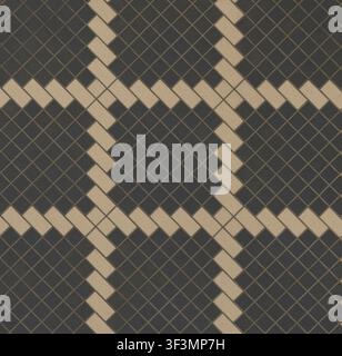 A modern decorative brick wall featuring a unique geometric lattice pattern in dark grey and beige tones. Stock Photo