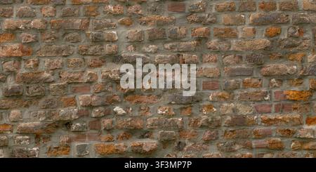 A detailed texture of an old red brick wall with irregular placement and thick, weathered mortar joints. Stock Photo