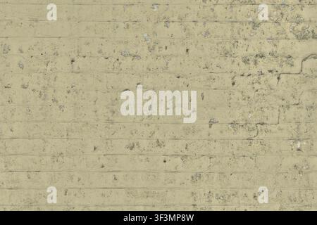 A close-up texture of an old, worn brick wall covered in weathered, peeling beige paint. Stock Photo