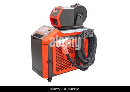 Mobile industrial laser welding machine and automated wire feeder system on wheels. Features a red chassis, digital control screen, top spool unit, an Stock Photo