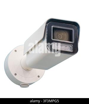 Security camera on white background, sleek rectangular design, prominent lens, LED lights, professional appearance, dynamic composition, clear protect Stock Photo