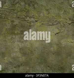 A textured wall surface covered in green moss and weathered, damp plaster. Stock Photo