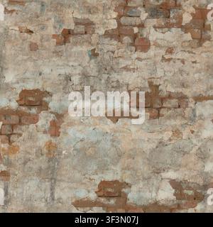 An aged brick wall partially covered in peeling, weathered plaster. Stock Photo