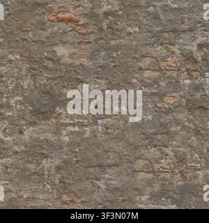 An old brick wall partially covered in crumbling, weathered plaster revealing red bricks beneath. Stock Photo