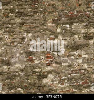 A rough, heavily distressed wall surface showing a combination of exposed red bricks and weathered gray plaster. Stock Photo