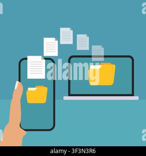 Vector illustration of digital file transfer between a smartphone and computer, featuring documents and folders for cloud storage, synchronization, an Stock Vector