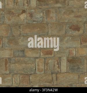 A close-up of a rustic masonry wall constructed from rectangular ashlar stones with weathered grout. Stock Photo