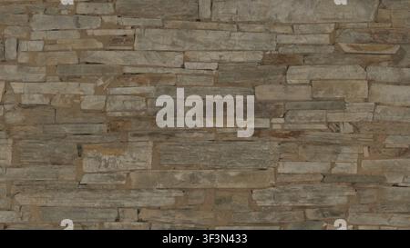 A detailed texture of a rustic stacked stone wall with irregular light-colored stones and mortar. Stock Photo